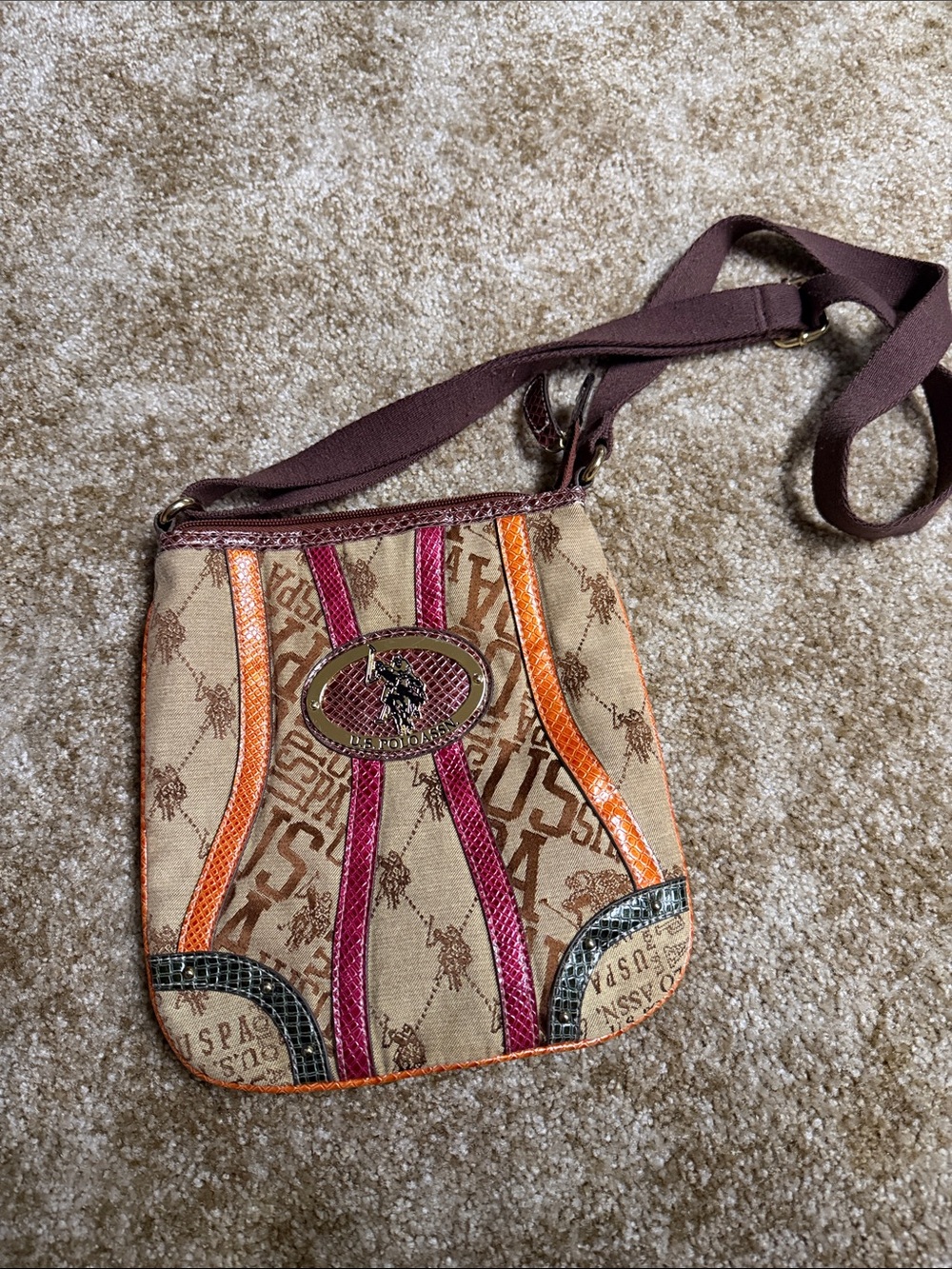U.S. Polo Assn. Beige Crossbody with Pink, Orange and Brown Accents